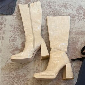 Princess Polly Beige knee high Croc-Embossed Heeled Boots